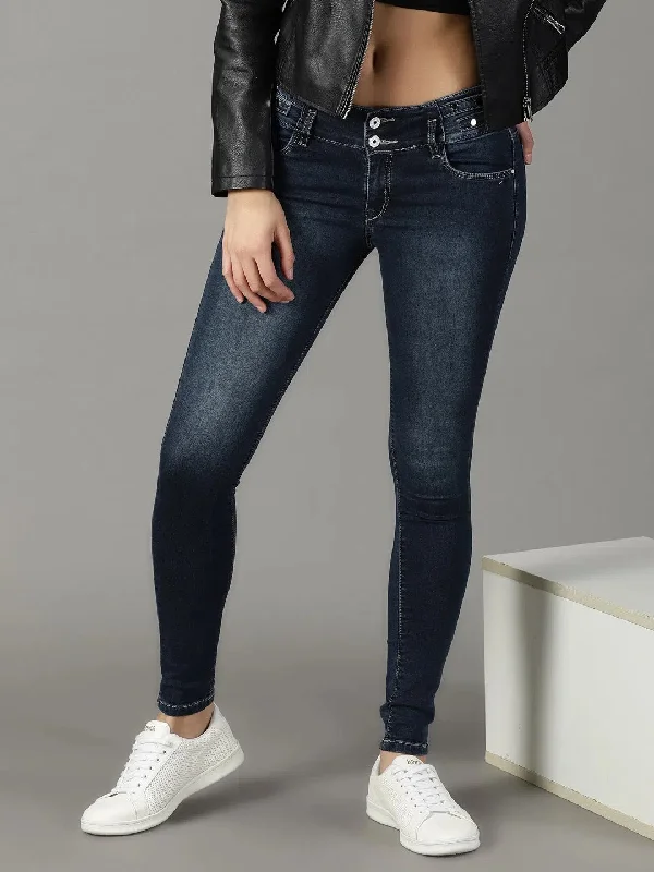 Women's Navy Blue Solid Skinny Fit Denim Jeans-CR-8007-1-Navyblue Stylish Stone-Wash Denim Jeans