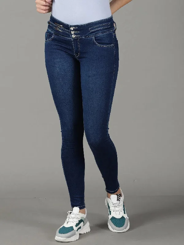 Women's Navy Blue Solid Skinny Fit Denim Jeans-CR-8036-Navyblue Casual Wide-Legged Denim Jeans