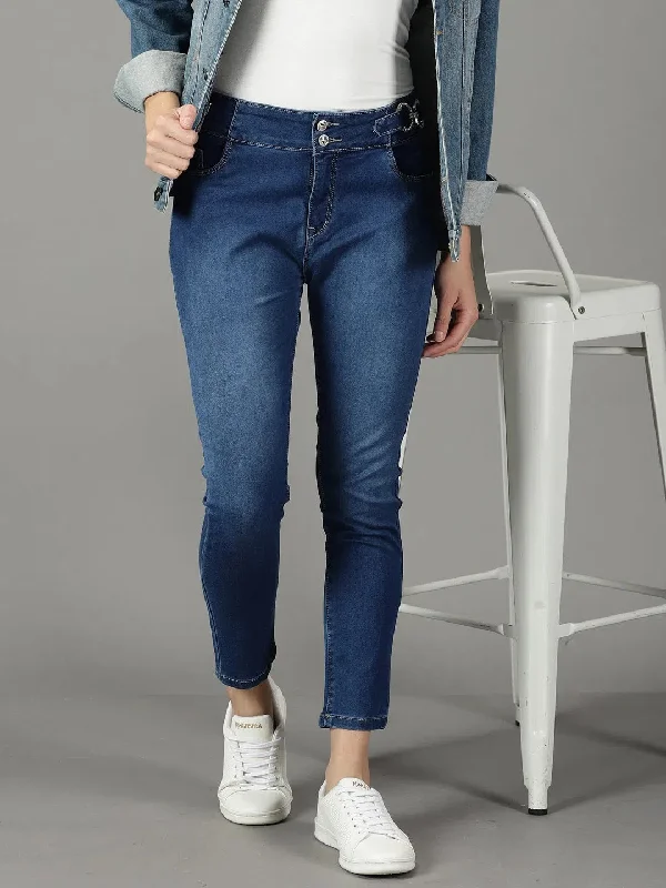 Women's Navy Blue Solid Slim Fit Denim Jeans-CR-8070-Navyblue Chic Ripped Jeans