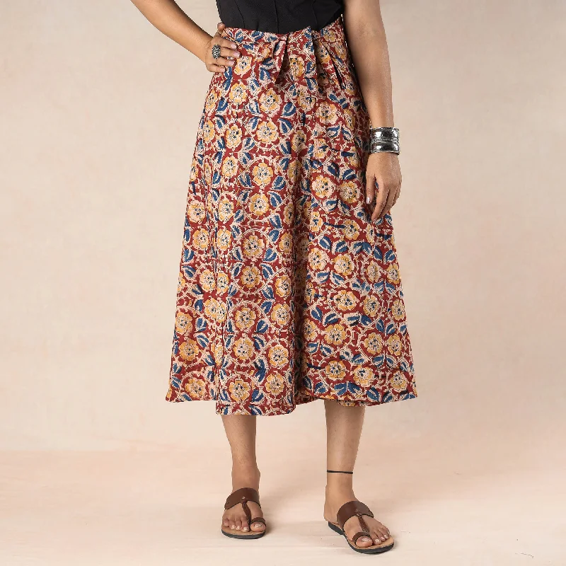 Red - Kalamkari Block Printed Cotton Wrap Around Skirt silk skirt elegant