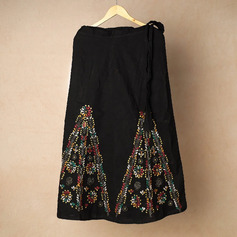 Black - Bengal Kantha Embroidery Cotton Wrap Around Skirt cashmere skirt rich