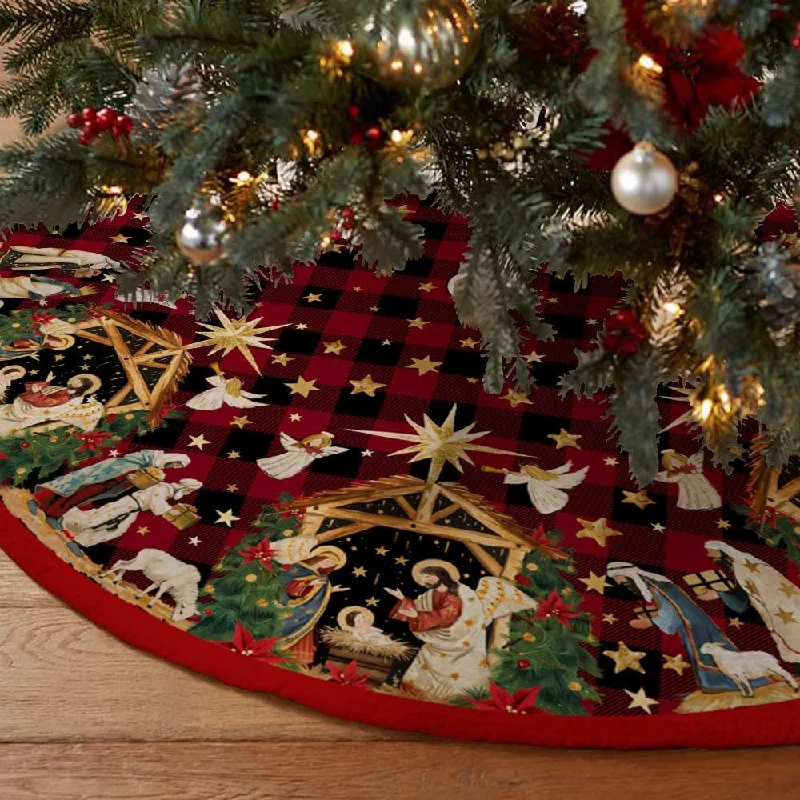 48 Inch Jesus Nativity Holy Night Christmas Tree Skirt Collar - Red Buffalo Plaid denim skirt stylish