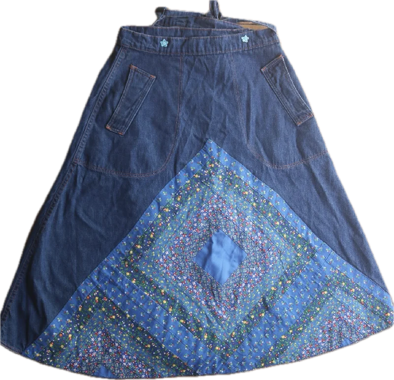 70s Glad Rags Denim Quilted Calico Skirt   w26-30 linen skirt breathable