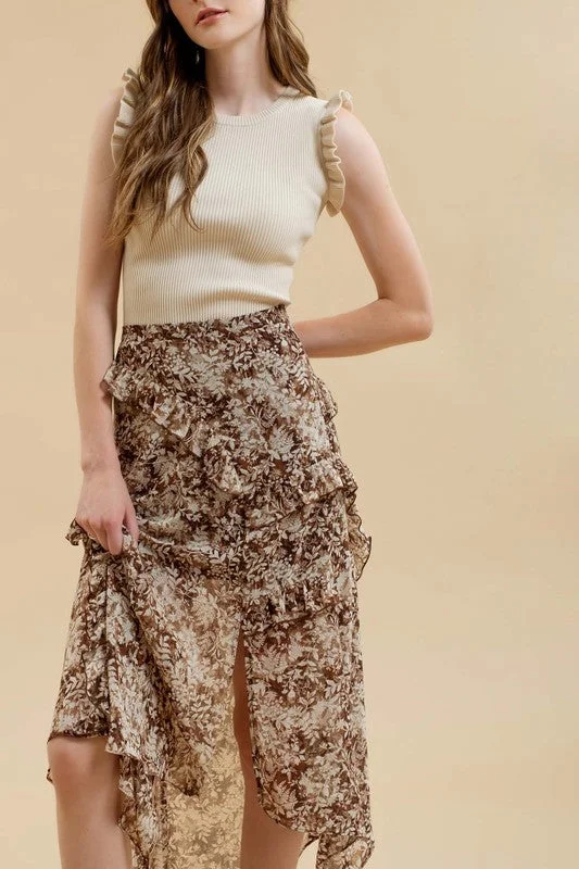 ALYSSA FLORAL RUFFLE WRAP HANDKERCHIEF MIDI SKIRT chiffon skirt delicate