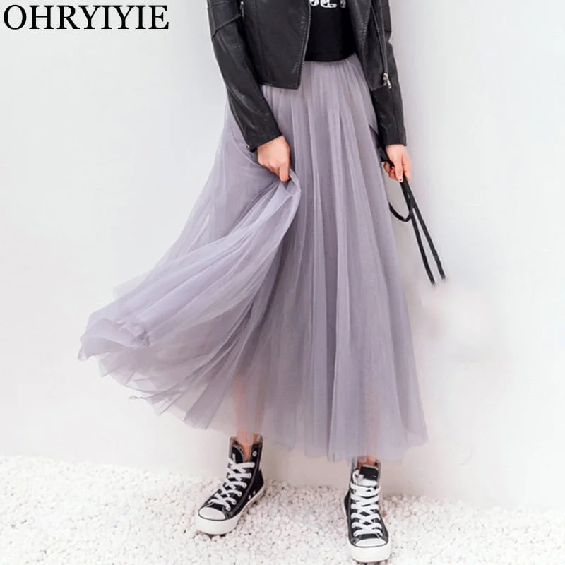 Autumn Summer Vintage Tulle Skirt Women Elastic High Waist Mesh Skirts Long Pleated Tutu Skirt casual skirt length