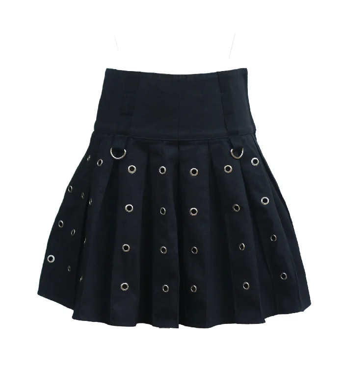 Black Super Rocker kilt Skirt with Silver Rivets silk skirt lustrous