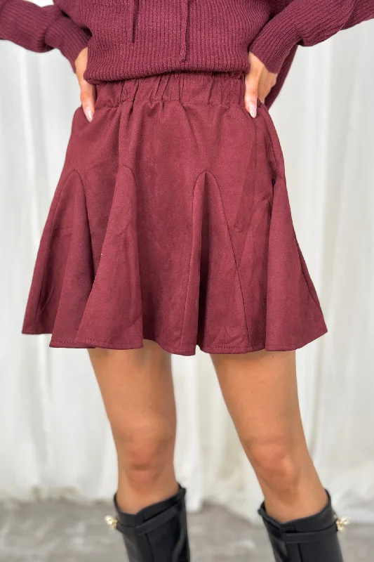 Caitlyn Pleated Faux Suede Skirt In Burgundy low waist skirt