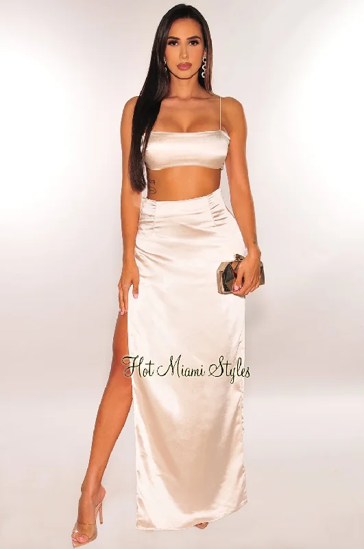 Champagne Elastic Satin Straps Silky Slit Skirt Two Piece Set tiered skirt playful