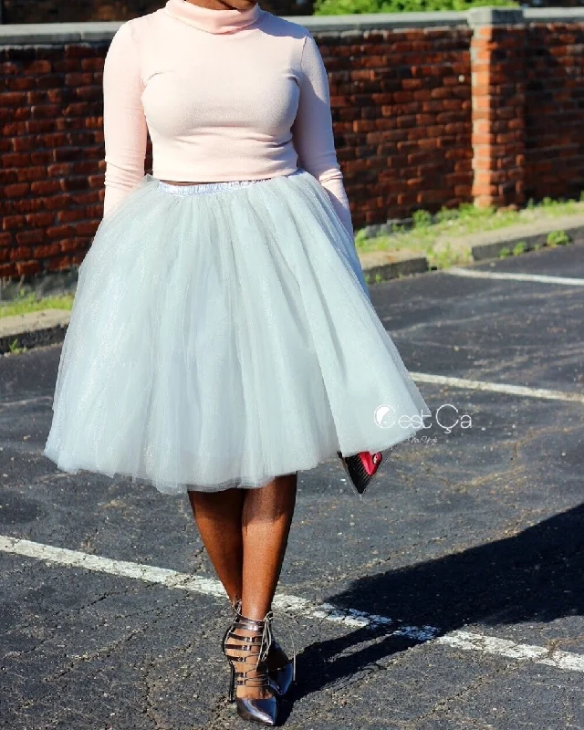 Clarisa Dove Gray Tulle Skirt - Midi lace skirt romantic