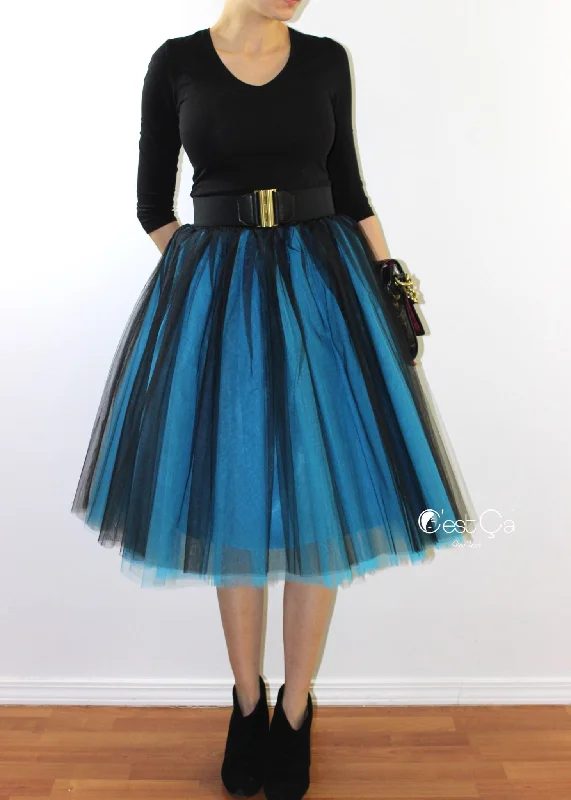 Clarisa Ombre Tulle Skirt - Sky Blue & Black, Midi velvet skirt plush