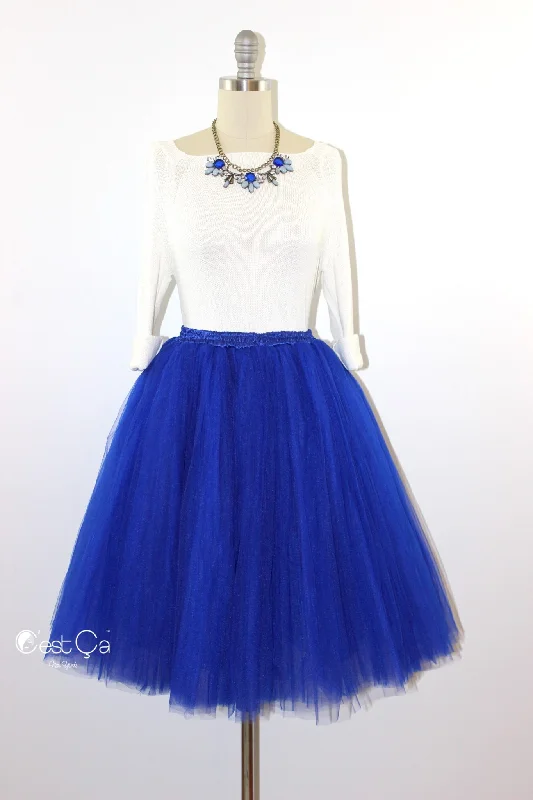 Clarisa Royal Blue Tulle Skirt - Midi cashmere skirt soft