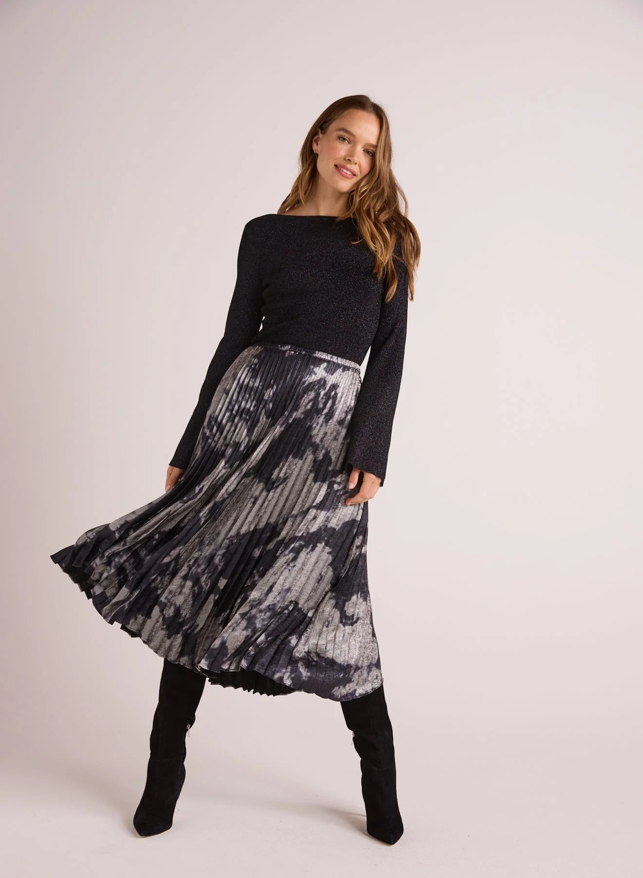 Hand Pleated Midi Skirt ~ Silver Dye Print leather skirt sleek