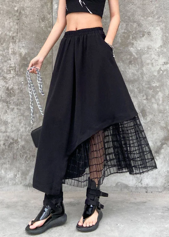 Handmade Black elastic waist Asymmetrical tulle Patchwork Skirts Spring patchwork skirt art