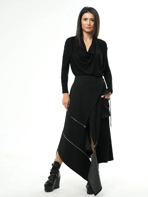 Asymmetric Black Long Skirt with Zippers velvet skirt luxurious