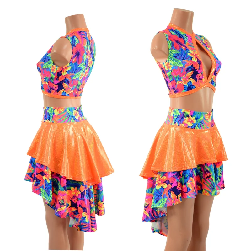 Neon Keyhole Top and Hi Lo Tiered Skirt Set corduroy skirt textured