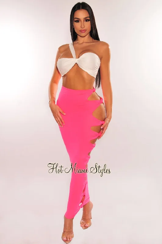 Neon Pink High Waist Cut Out Knotted Slit Skirt pencil skirt chic