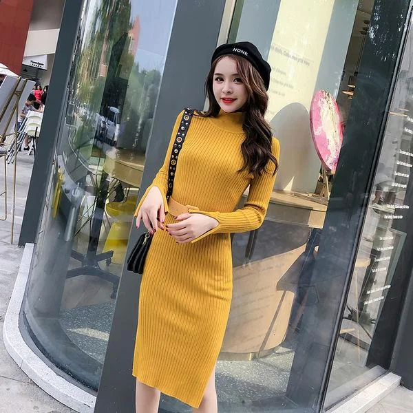 New Korean version of the long solid color knit skirt female slim over the knees wild sweater skirt lace skirt intricate