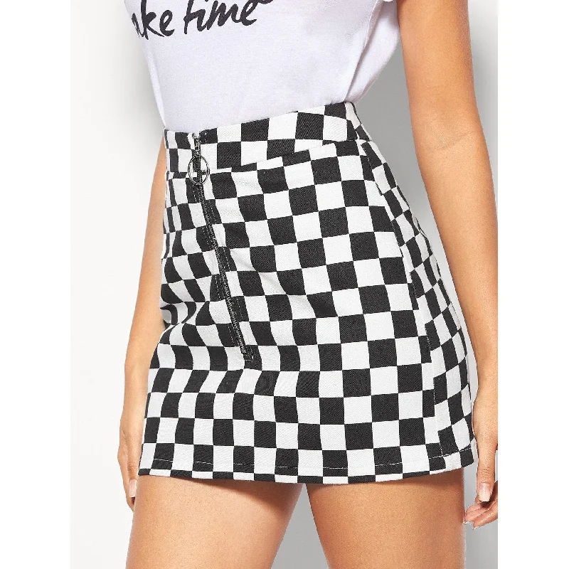 Front Zip Checkered Skirt high waist skirt