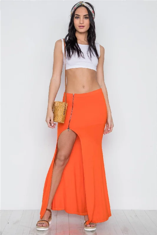 Orange Solid Zip-Front Side-Slit Maxi Skirt cashmere skirt soft