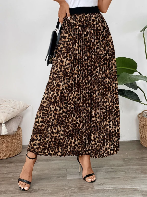 Perfee Pleated Leopard Maxi Skirt chiffon skirt flowing