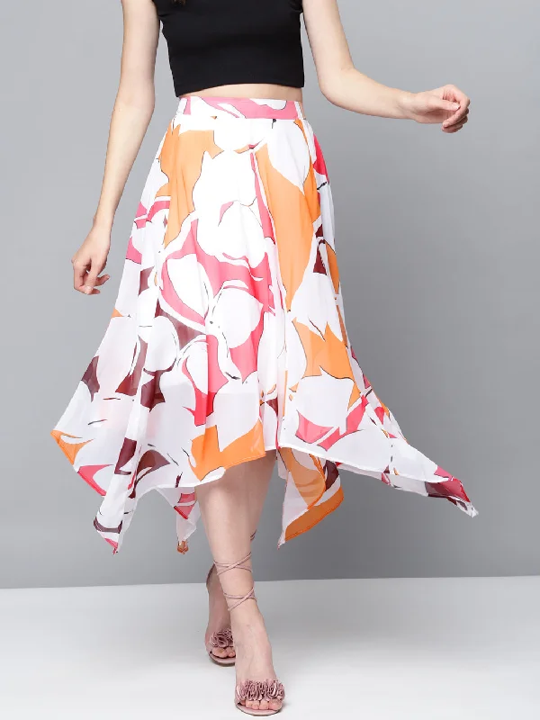 Women Orange Floral Asymmetric Midi Skirt cashmere skirt fine