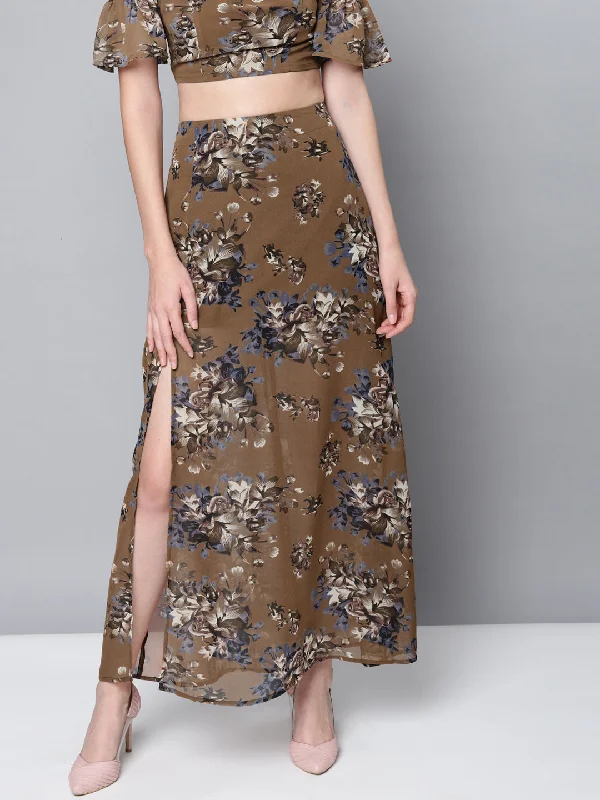 Brown Floral Maxi Skirt leather skirt sleek