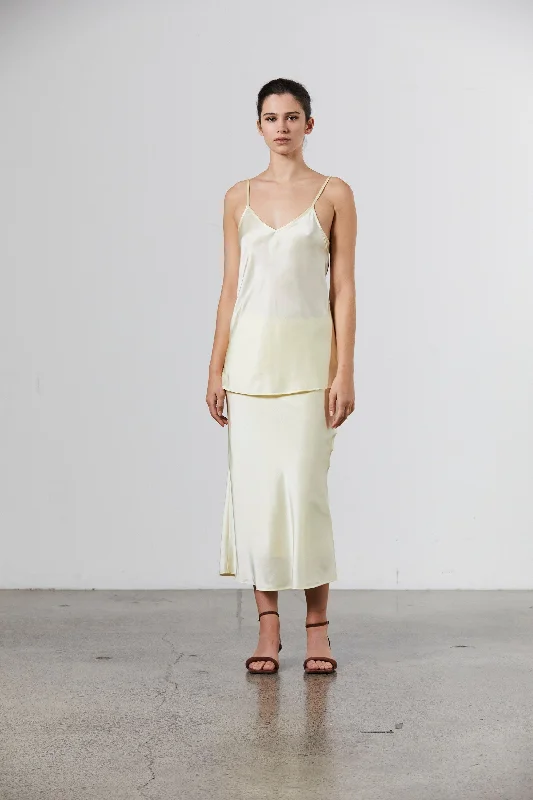 Silk-Satin Midi Slip Skirt - Pale Lemon flowy skirt hem