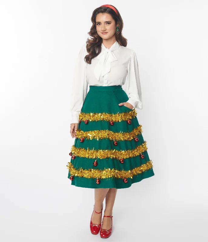 Unique Vintage Green & Gold Tinsel & Ornament Soda Shop Swing Skirt satin skirt smooth