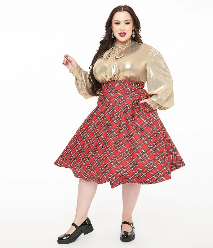 Unique Vintage Plus Size 1950s Red Plaid High Waist Vivien Swing Skirt floral skirt print